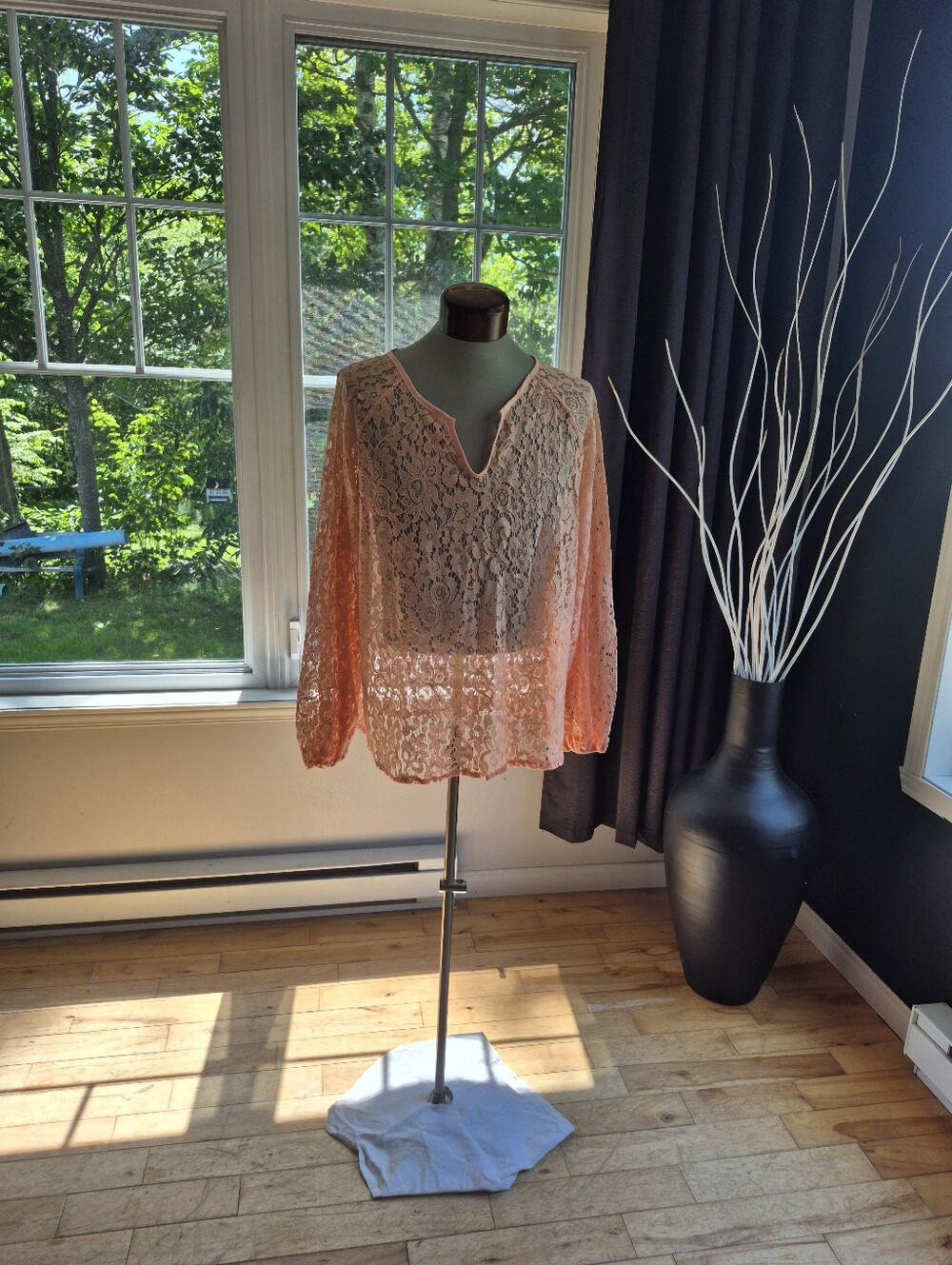 Lace V-Neck Long-Sleeve Top - Peach